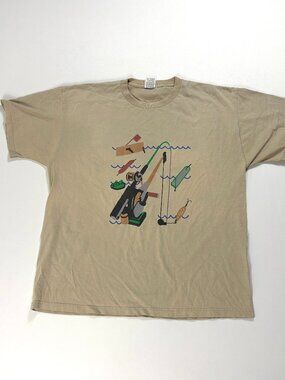 Vintage Fishboat Fishing T Shirt Tan Sz XL Cost Priceless Reel Fish On Outdoors